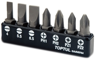 Набор бит 1/4" (крест и шлиц) 7 предметов TOPTUL GAAV0704 Набор бит 1/4" (крест и шлиц) 7 предметов TOPTUL GAAV0704